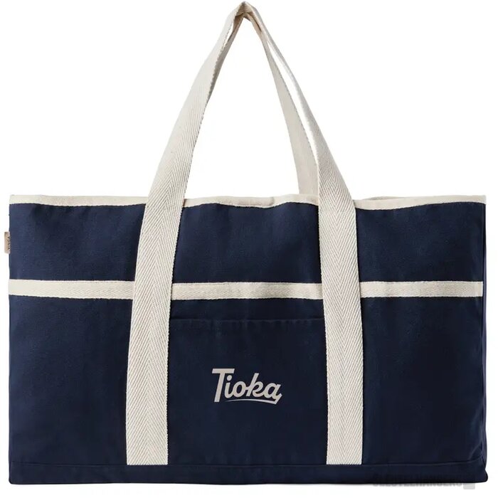 VINGA Volonne AWARE™ recycled canvas strandtas donkerblauw, gebroken wit